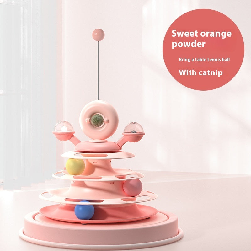 4 Levels Cat Toy Tower Turntable Roller Balls Toys Interactive Intelligence Pets Toys Training Track Puzzle Funny Games Accessories Pet Products Sweet Orange Pink Table Tennis