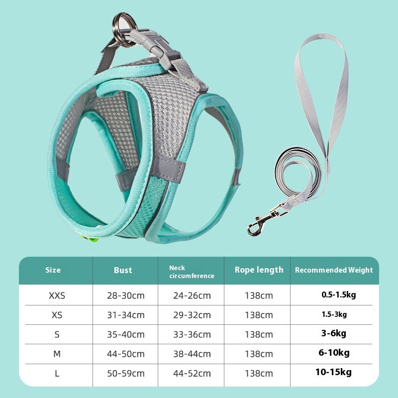Reflective Dog Vest Harness & Leash – Breathable Polyester | XXS–L | 7 Colors Green Rope length 138cm