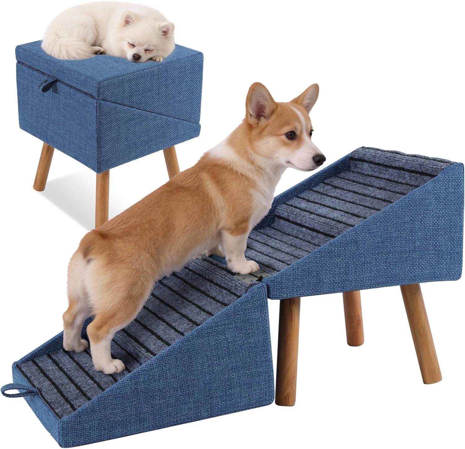 Dog Stairs for Couch 2 in 1 Foldable Pet Steps Ottoman Non Slip Blue Xl(17.13H)