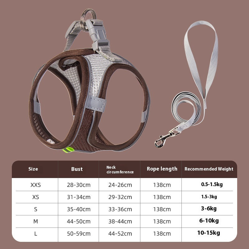 Reflective Dog Vest Harness & Leash – Breathable Polyester | XXS–L | 7 Colors Dark Grey Rope length 138cm