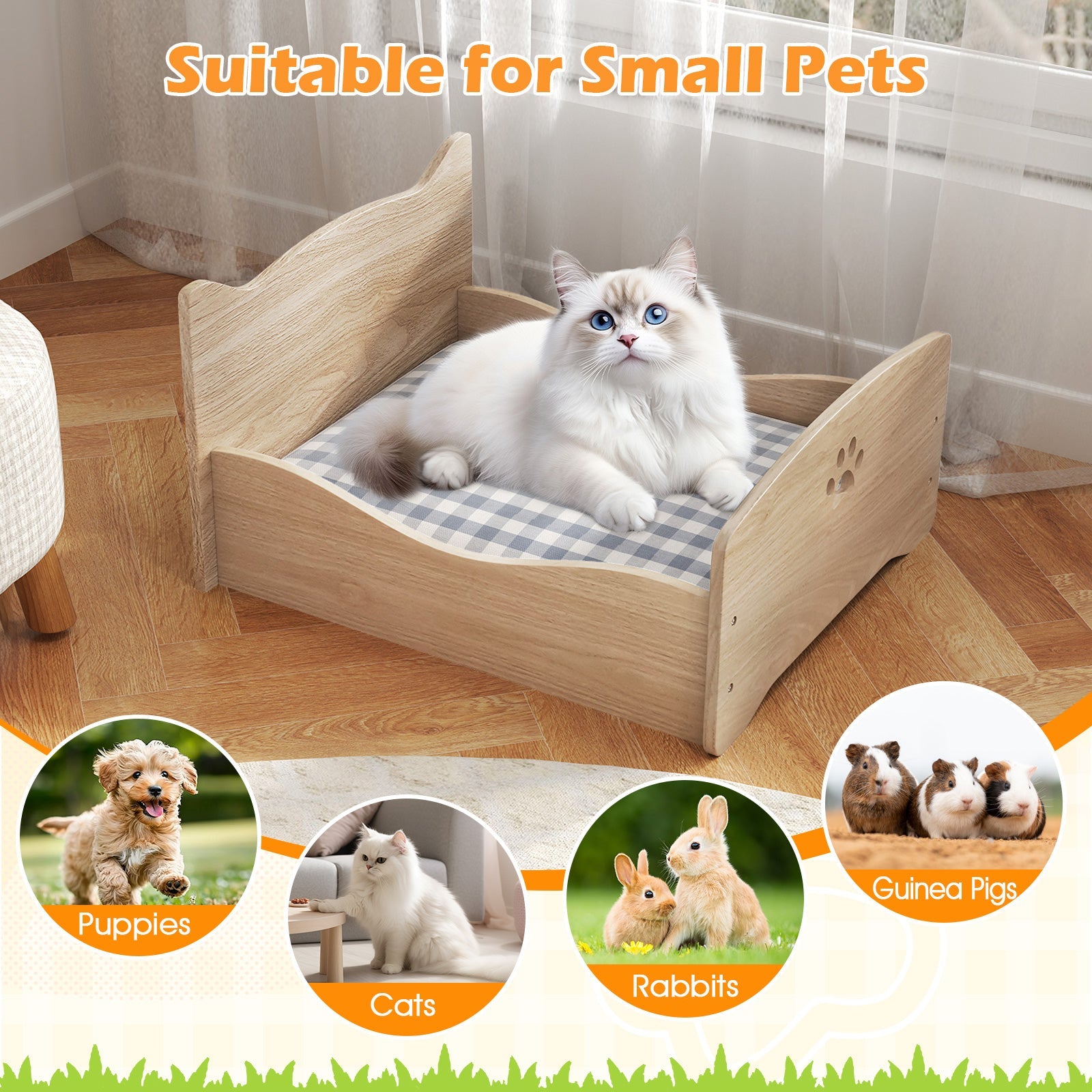 Elevated Pet Bed Frame with Rails and Cute Headboards-Walnut