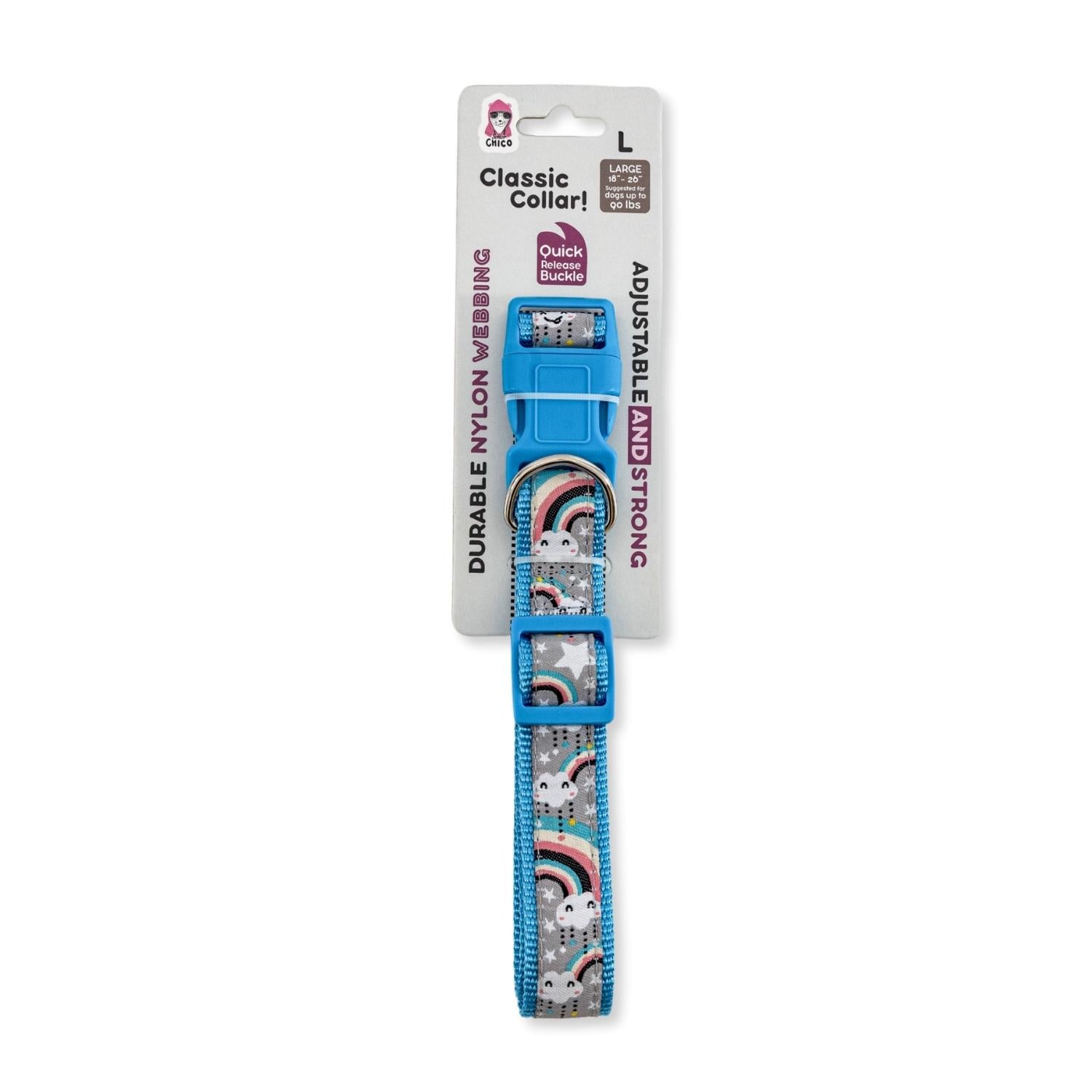 Nylon Dog Collar with Embroidered Rainbow Design, Secure & Adjustable Fit, Comfortable Wear Large