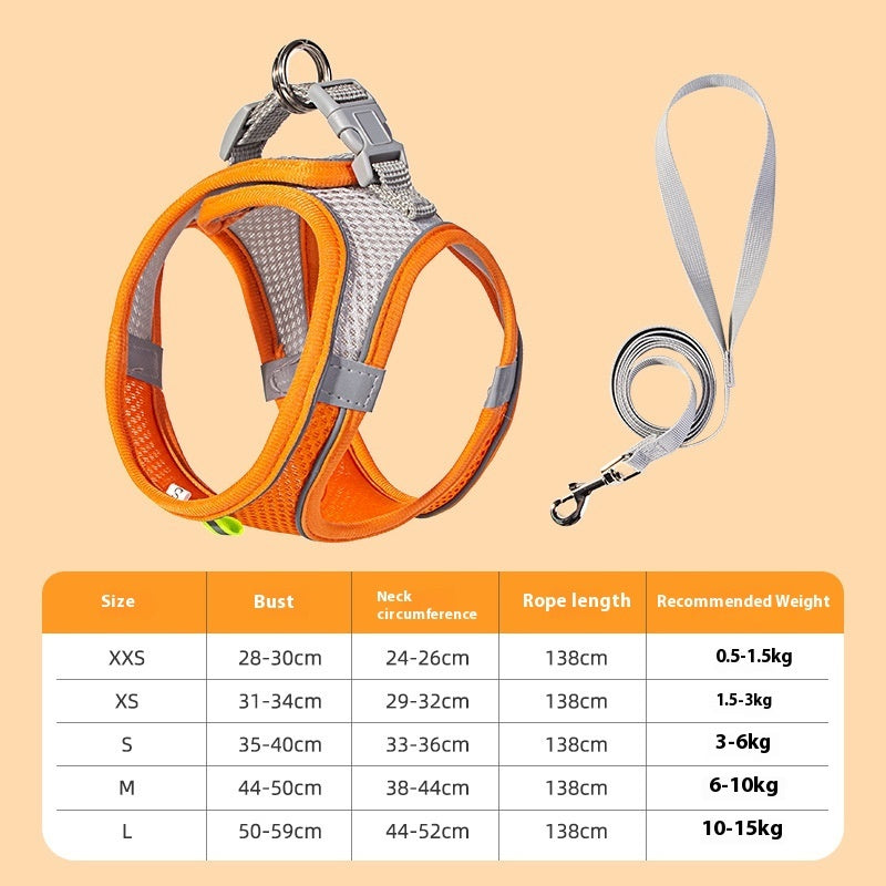 Reflective Dog Vest Harness & Leash – Breathable Polyester | XXS–L | 7 Colors Orange Rope length 138cm