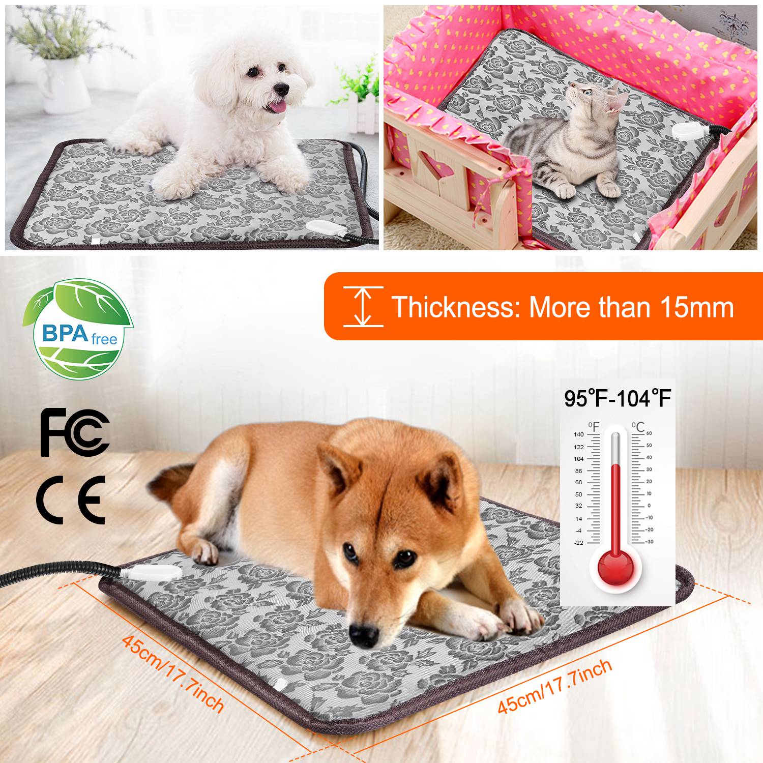 Pet Heating Pad Dog Cat Electric Heating Mat Waterproof Adjustable Warming Blanket with Chew Resistant Steel Cord Case