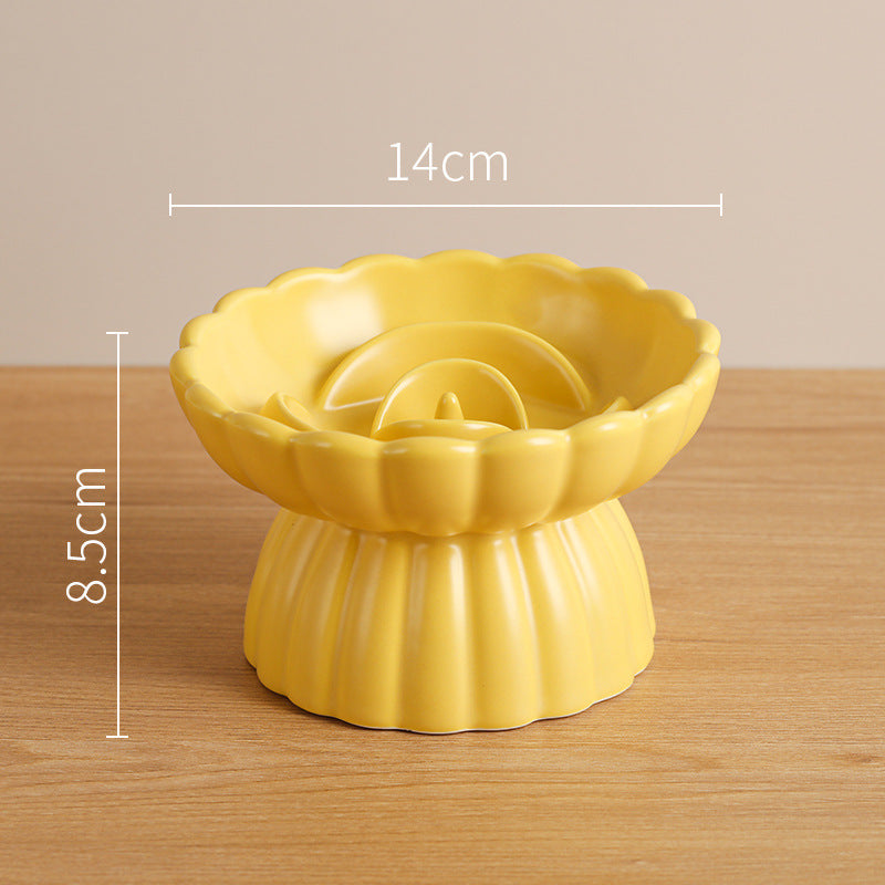 Elevated Ceramic Slow Feed Dish For Cats And Small Dogs, Flower Pool Design Pet Slow Feeder With Higher Edges,Raised Pet Bowl For Dry & Wet Food Yellow