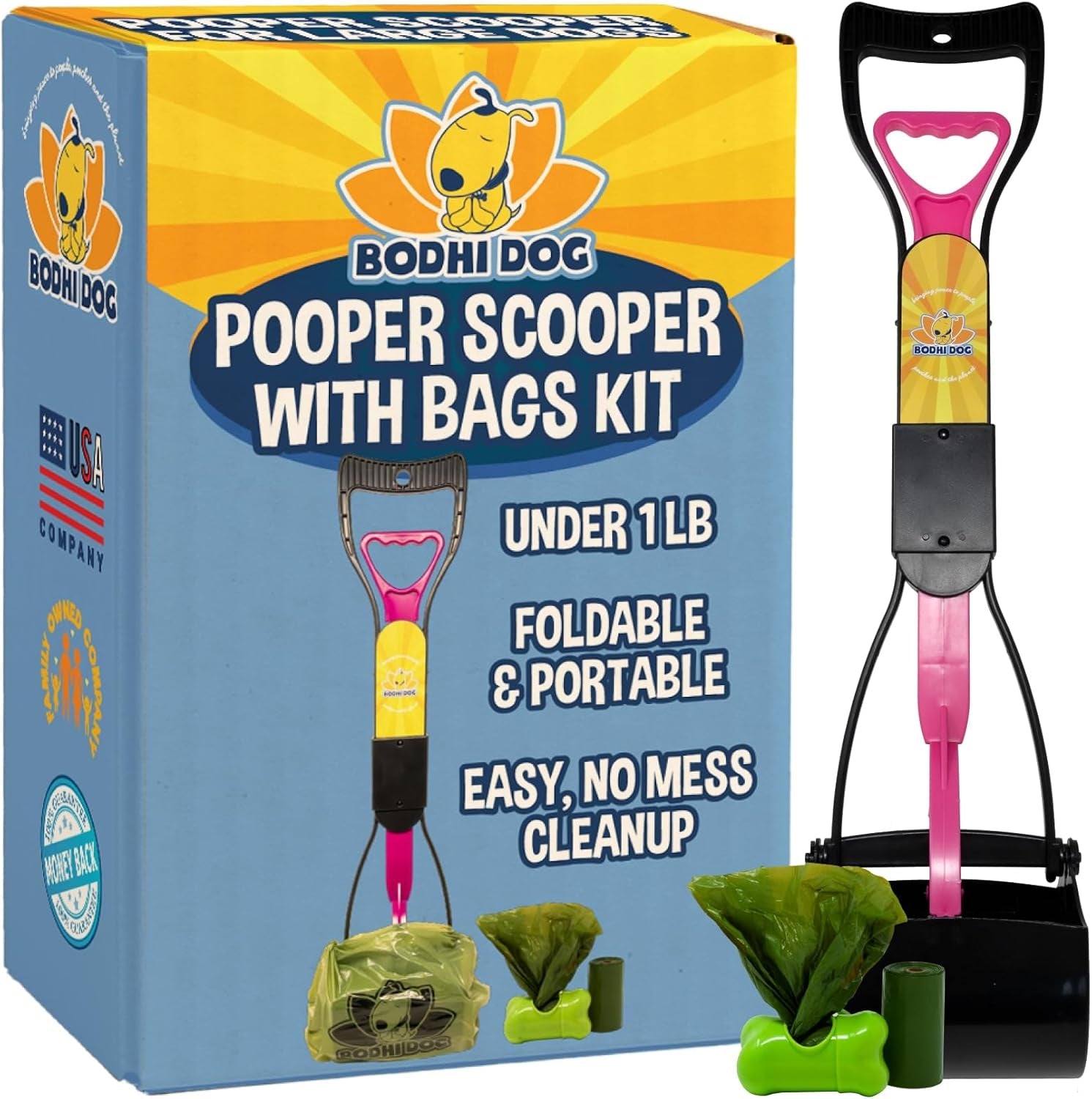 Dog Pooper Scooper Kit with Waste Bags & Holder Long Handle Cleanup Set Pink