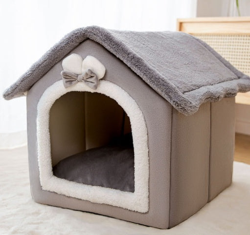 Foldable Dog House Pet Cat Bed Winter Dog Villa Sleep Kennel Removable Nest Warm Enclosed Cave Sofa Pets Supplies Grey Rabbit