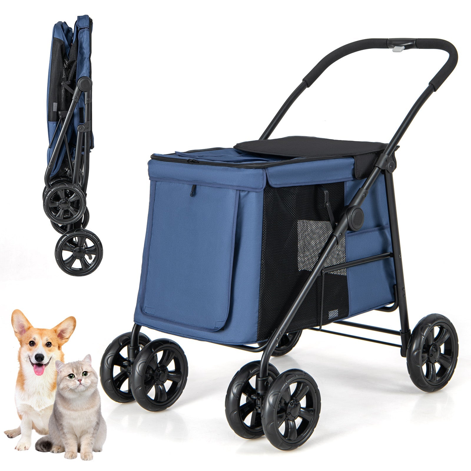 Folding Pet Stroller for Small and Medium Pets with Breathable Mesh andx One-Button Foldable