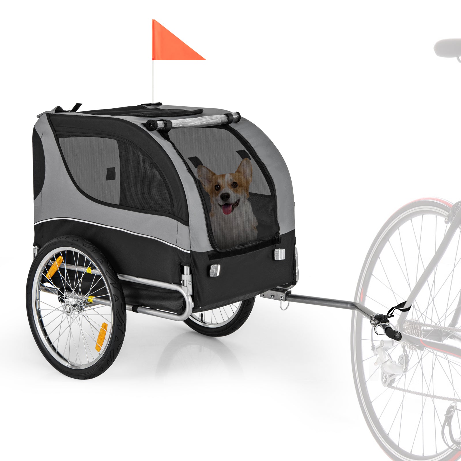 Dog Bike Trailer Foldable Pet Cart with 3 Entrances for Travel Gray