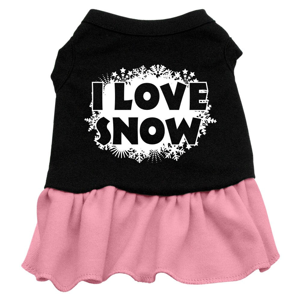 Christmas Pet Dress Screen Printed, "I Love Snow" Black W Light Pink
