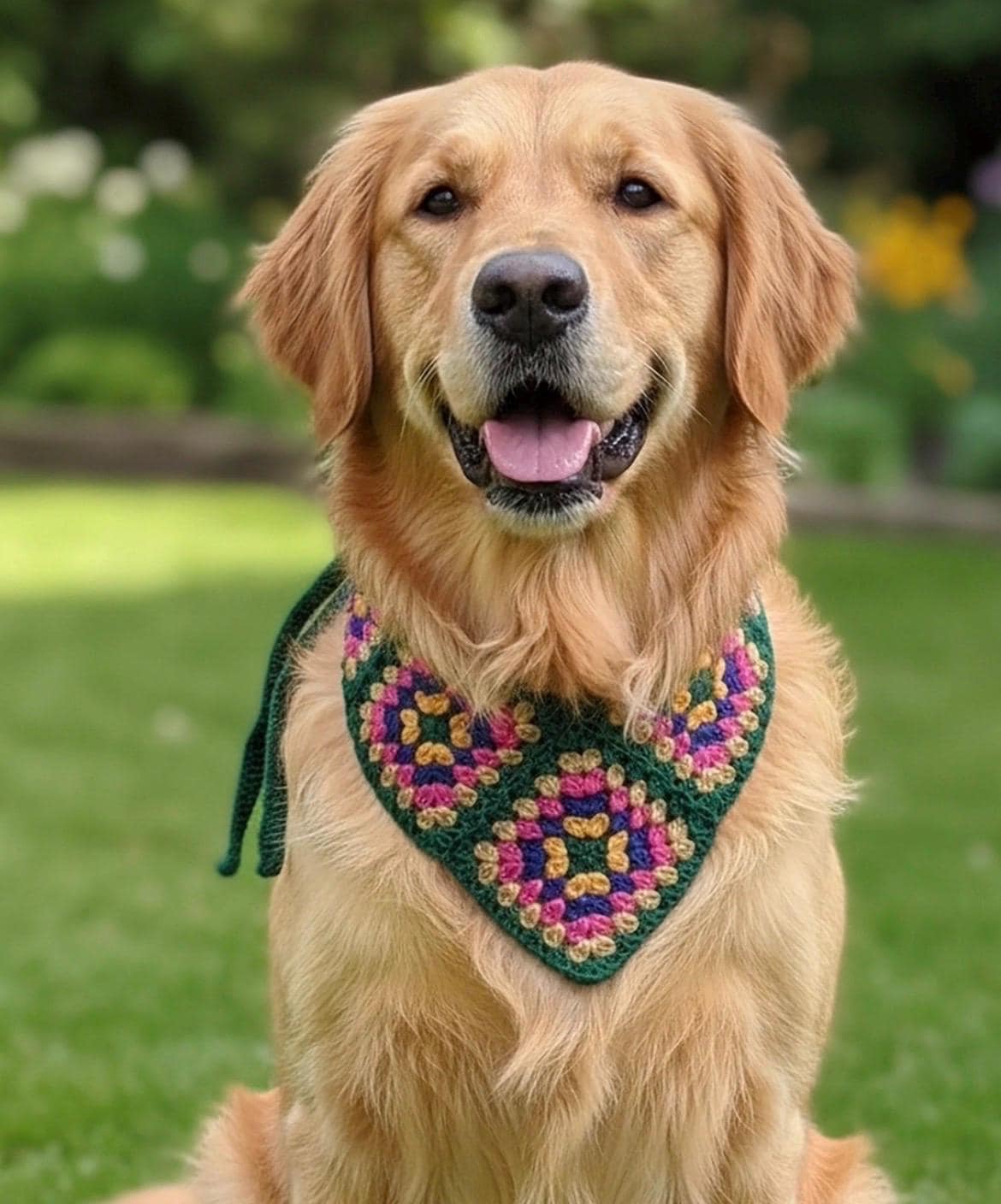 3-in-1 Crochet Granny Square Bandana – Handmade Headband, Pet Collar &Mom Neck Scarf | Colorful Boho Accessory | Retro Crochet Gift Green-Pink