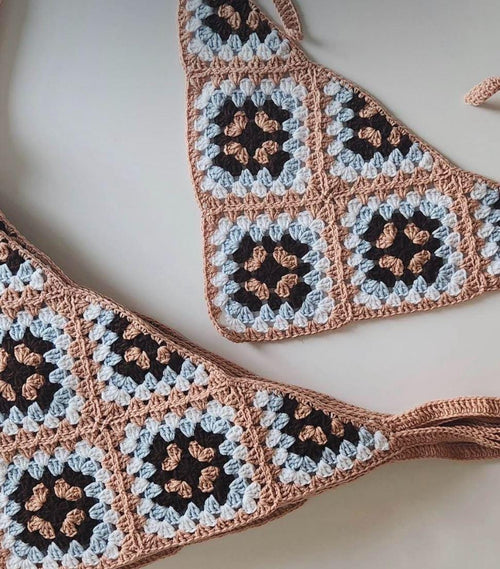 3-in-1 Crochet Granny Square Bandana – Handmade Headband, Pet Collar &Mom Neck Scarf | Colorful Boho Accessory | Retro Crochet Gift Beige
