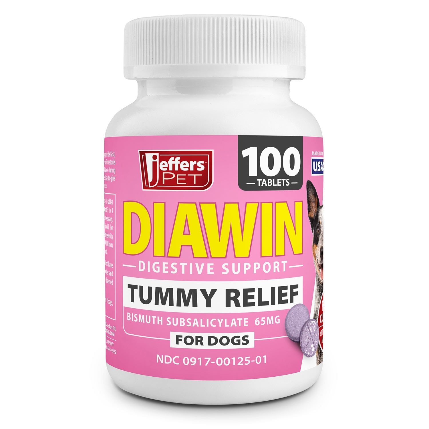 Jeffers Diawin Digestive Support for Dogs - Bismuth Tummy Relief for Diarrhea Beef 100 Tablets