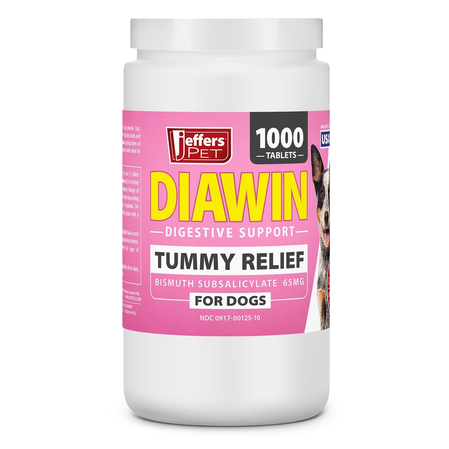 Jeffers Diawin Digestive Support for Dogs - Bismuth Tummy Relief for Diarrhea Beef 1000 Tablets