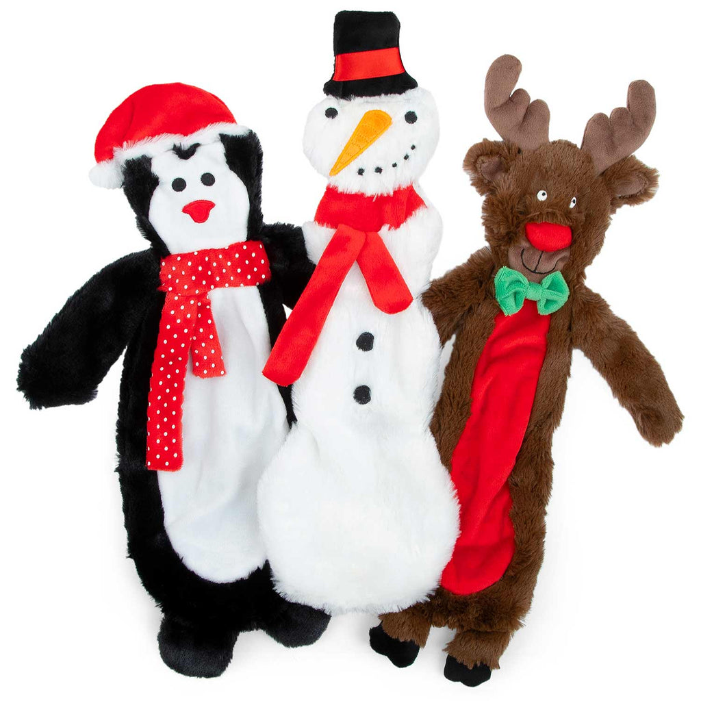 Jeffers Pet Christmas Characters Unstuffed Plush Squeaker Dog Toys, 12"L Complete Set (1 Reindeer, 1 Snowman & 1 Penguin) 3 ct 12"