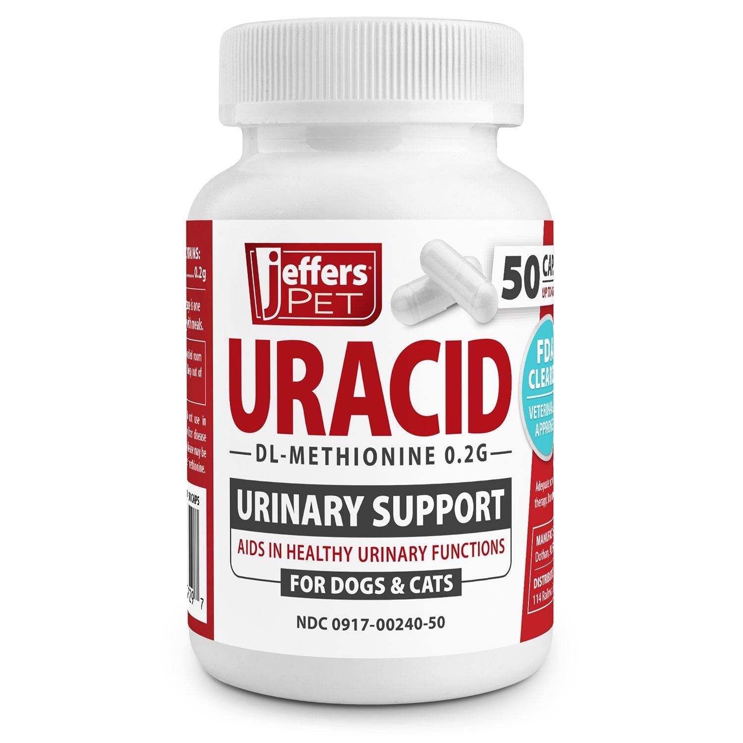 Jeffers Uracid DL-Methionine 0.2g Capsules for Dogs & Cats – Supports Urinary Tract, Reduces Urine Odor, Prevents Stones 0.2 g 50 Capsules (Up to 16 Day Supply)
