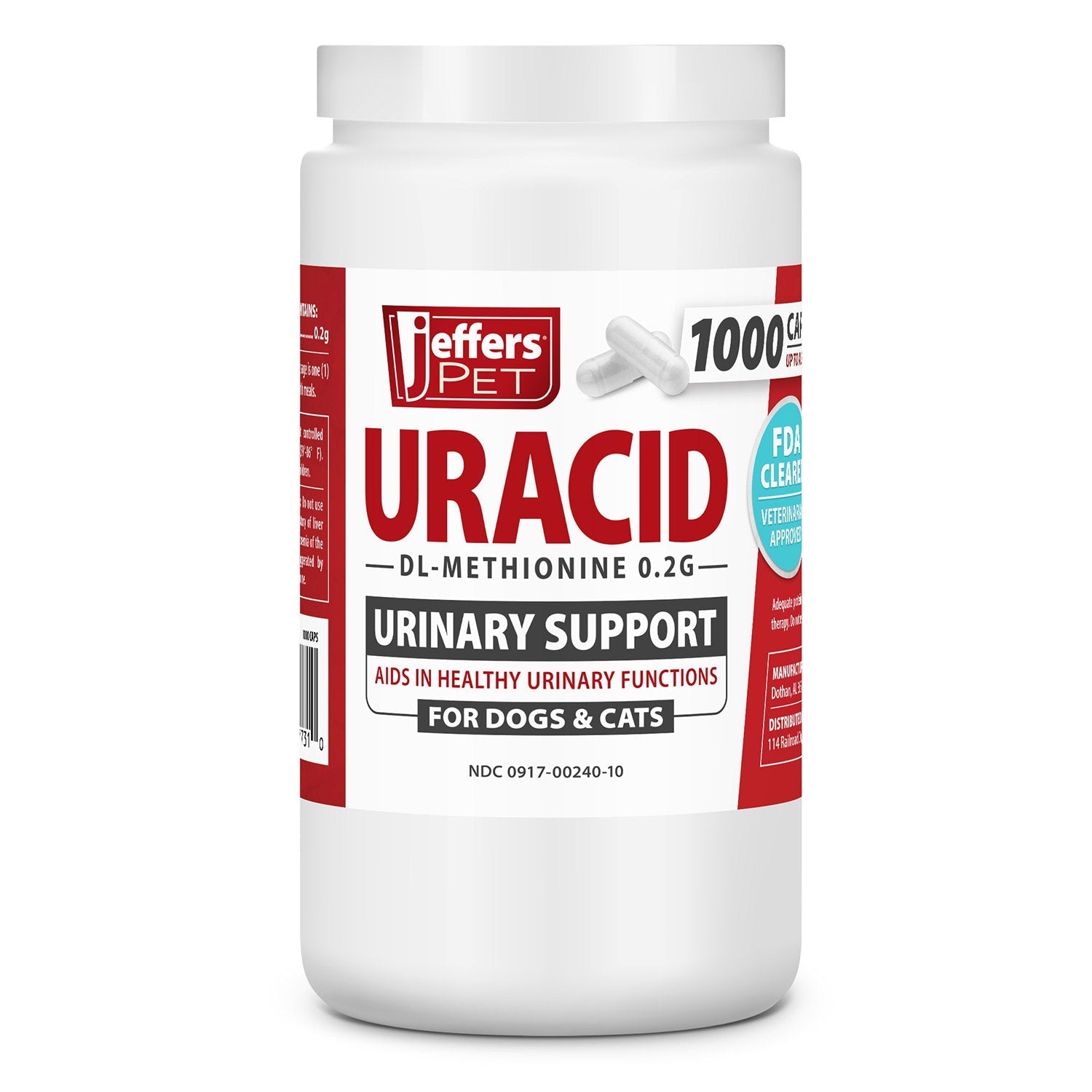Jeffers Uracid DL-Methionine 0.2g Capsules for Dogs & Cats – Supports Urinary Tract, Reduces Urine Odor, Prevents Stones 0.2 g 1000 Capsules (Up to 333 Day Supply)