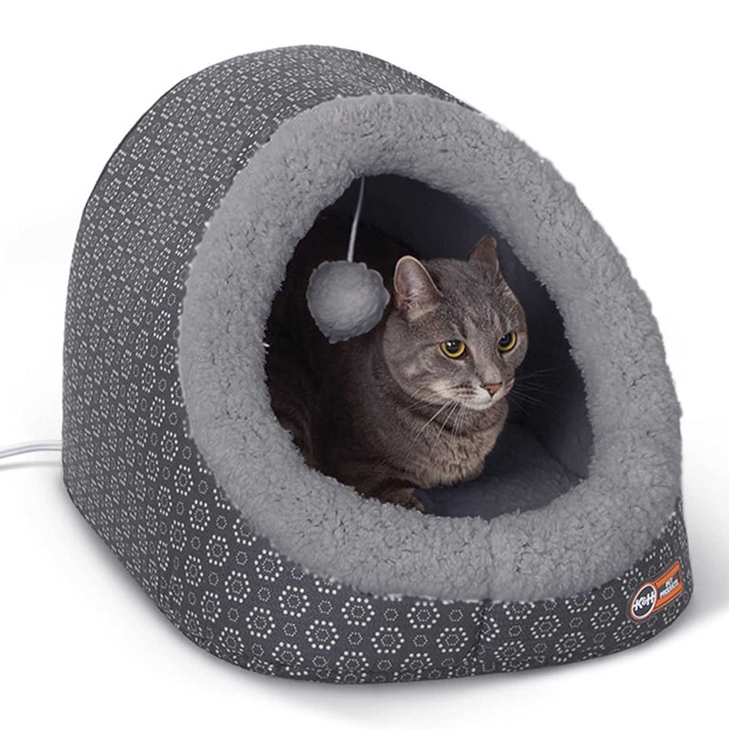K&H Pet Products Thermo-Pet Cave Heated Cat Bed – Plush Cat Cave & Tunnel for Cats and Small Dogs Grey 17" x 15" x 13"