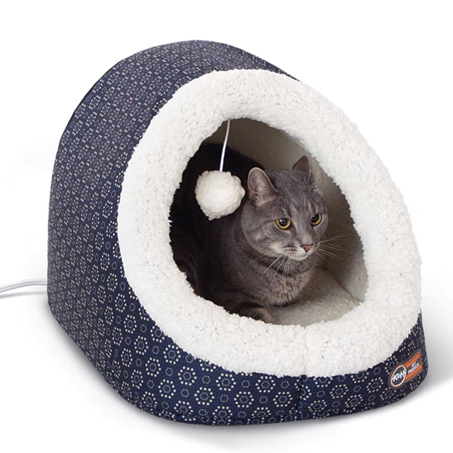 K&H Pet Products Thermo-Pet Cave Heated Cat Bed – Plush Cat Cave & Tunnel for Cats and Small Dogs Blue 17" x 15" x 13"