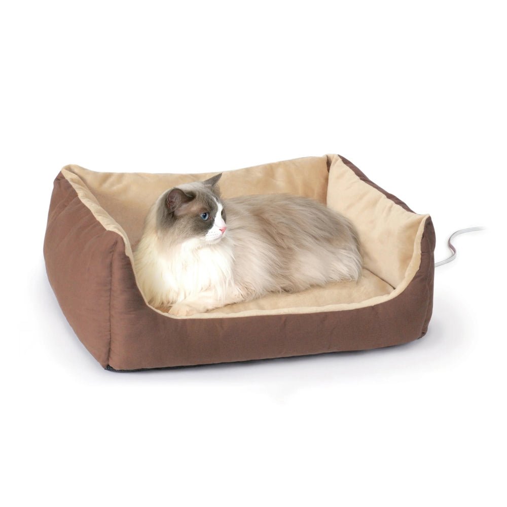 K&H Thermo-Pet Cuddle Cushion Heated Pet Bed – Indoor Heated Sofa-Style Bed for Cats & Small Dogs with Removable Cushion Brown Tan 14" x 23"