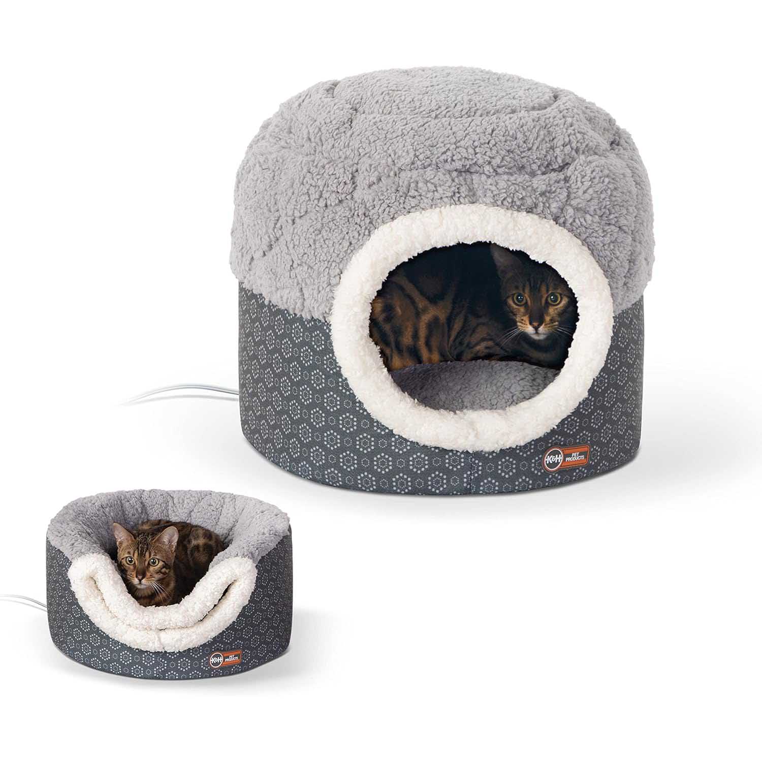K&H Thermo-Pet Nest Heated Cat Bed – Soft Plush Indoor Cat Cave for Cats and Small Dogs, Machine Washable Grey Small (18" x 15")