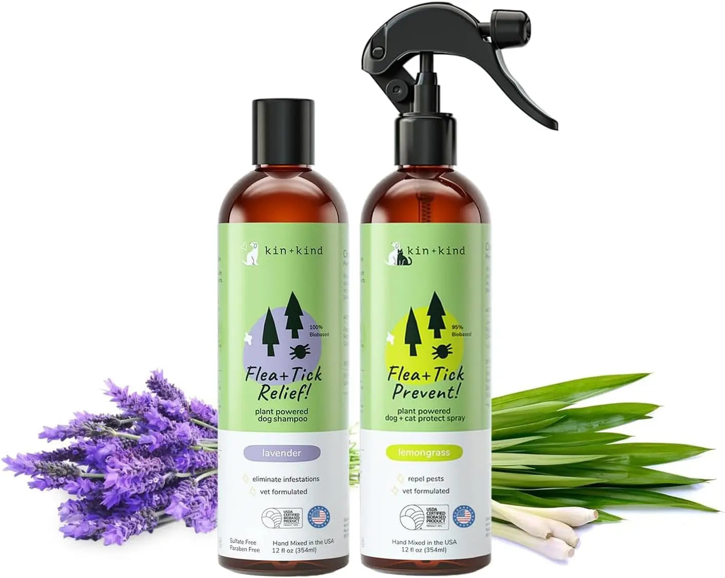 kin+kind Flea & Tick Shampoo & Spray Kit for Dogs & Cats – Plant-Based Lavender Shampoo - Lemongrass Spray
