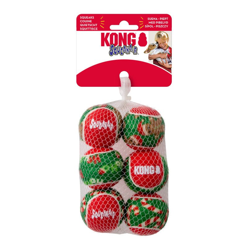 KONG Holiday SqueakAir® Balls, 6 Pack – Festive Dog Tennis Balls for Fetch & Interactive Play, Gentle on Teeth Multi Small (2"D) 6 ct