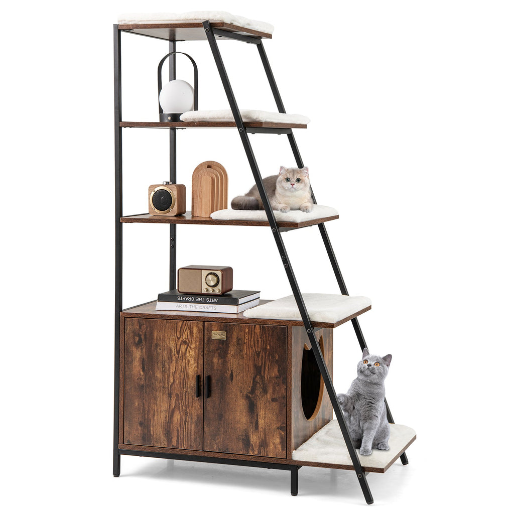 Large Cat Litter Box Enclosure with Storage and Ladder Shelf Rustic Brown