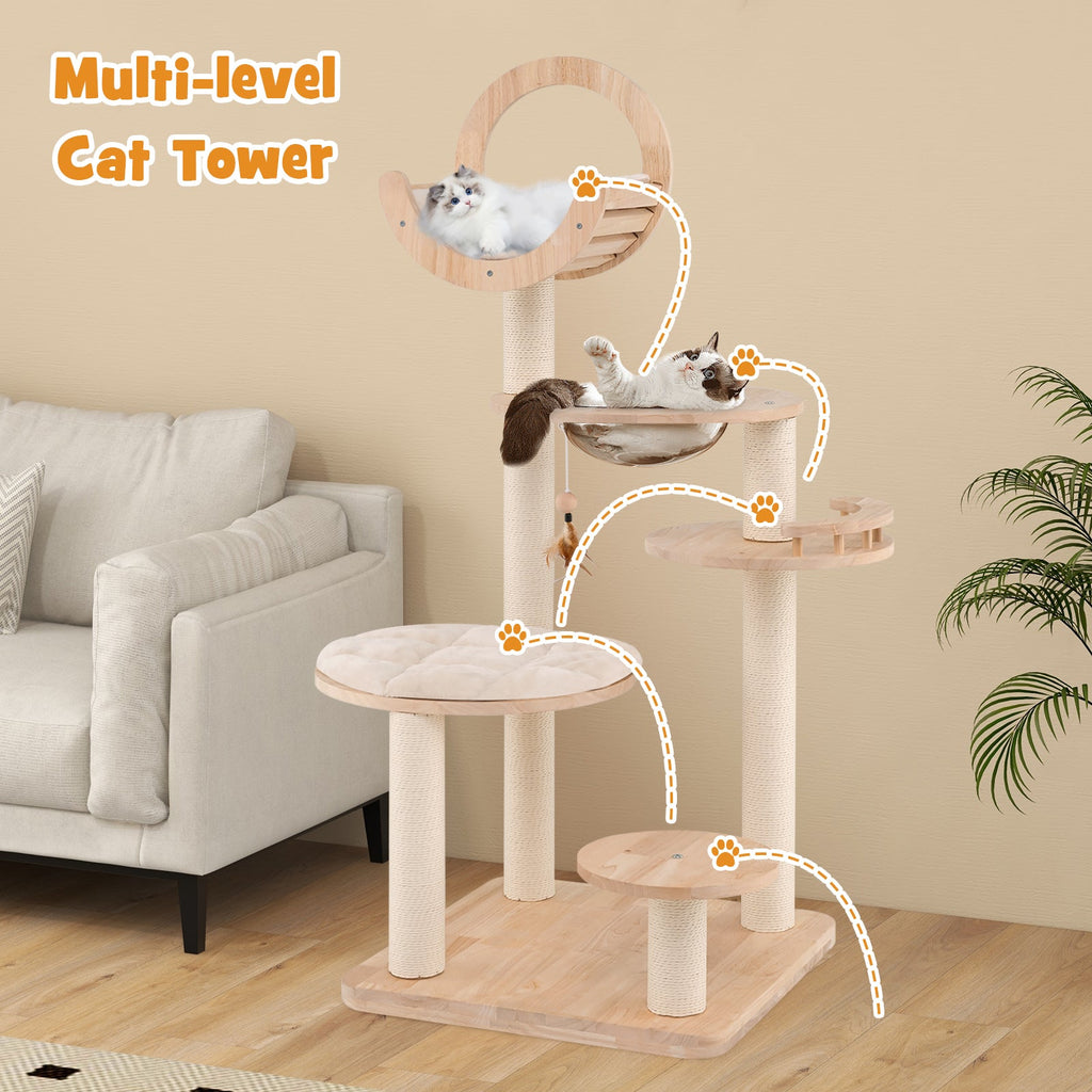 4-in-1 Large Wooden Cat Tower with Space Capsule Nest for Indoor Cats