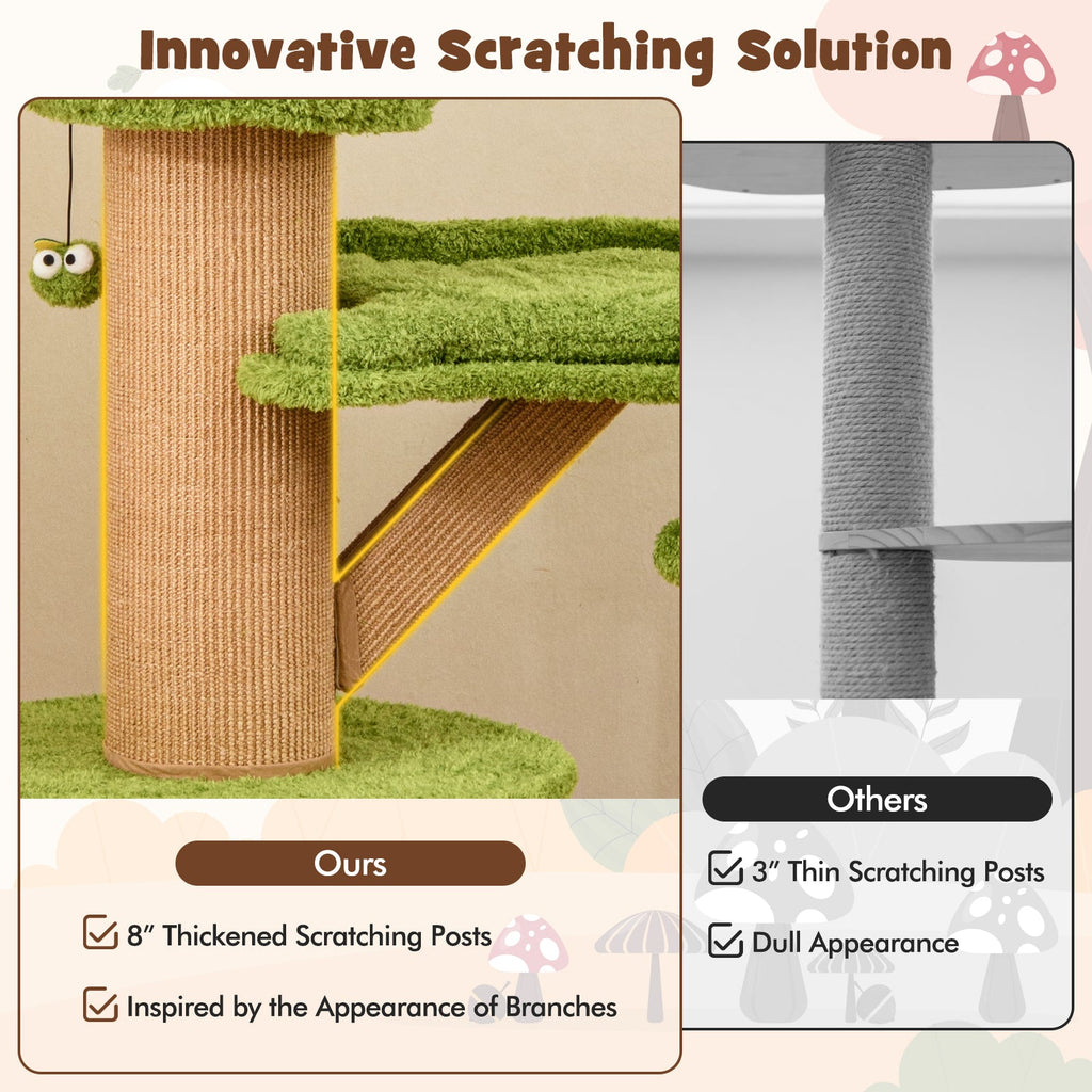 Mushroom Cat Tree for Indoor Cats with 2 Cute Condos Plush Perch and Teasing Balls-Green