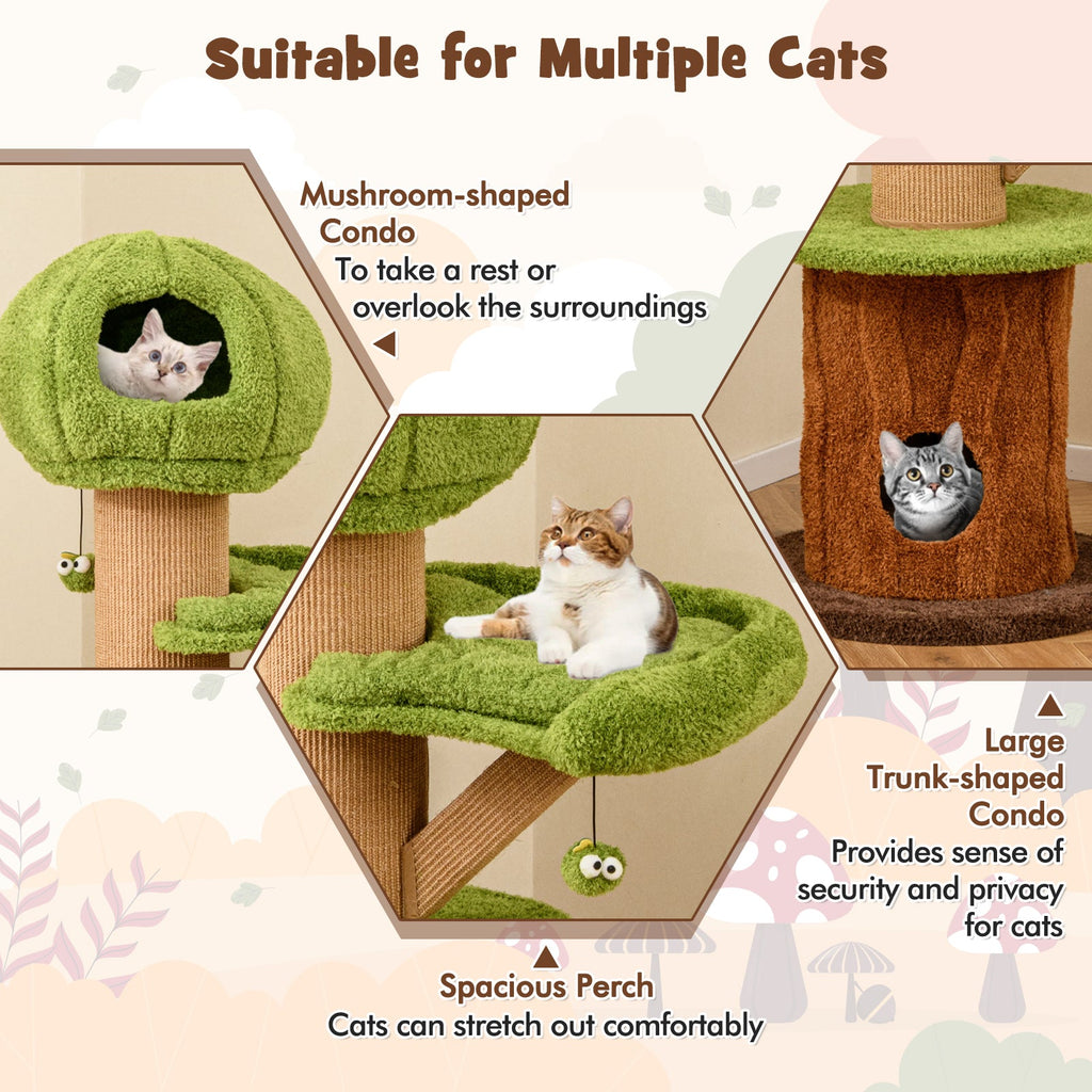 Mushroom Cat Tree for Indoor Cats with 2 Cute Condos Plush Perch and Teasing Balls-Green