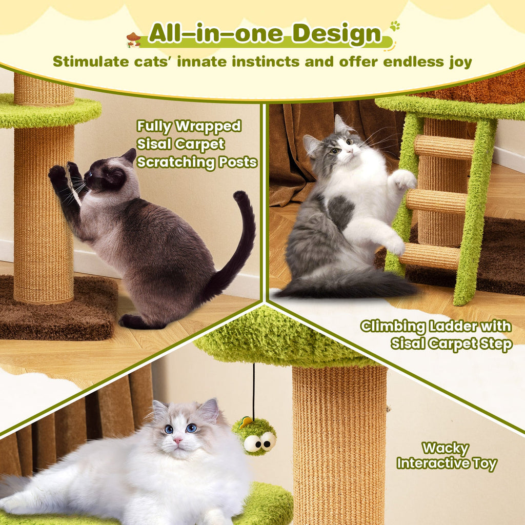 Cute Cat Tree for Indoor Cats with Mushroom-shaped Nest Condo and Climbing Ladder-Green