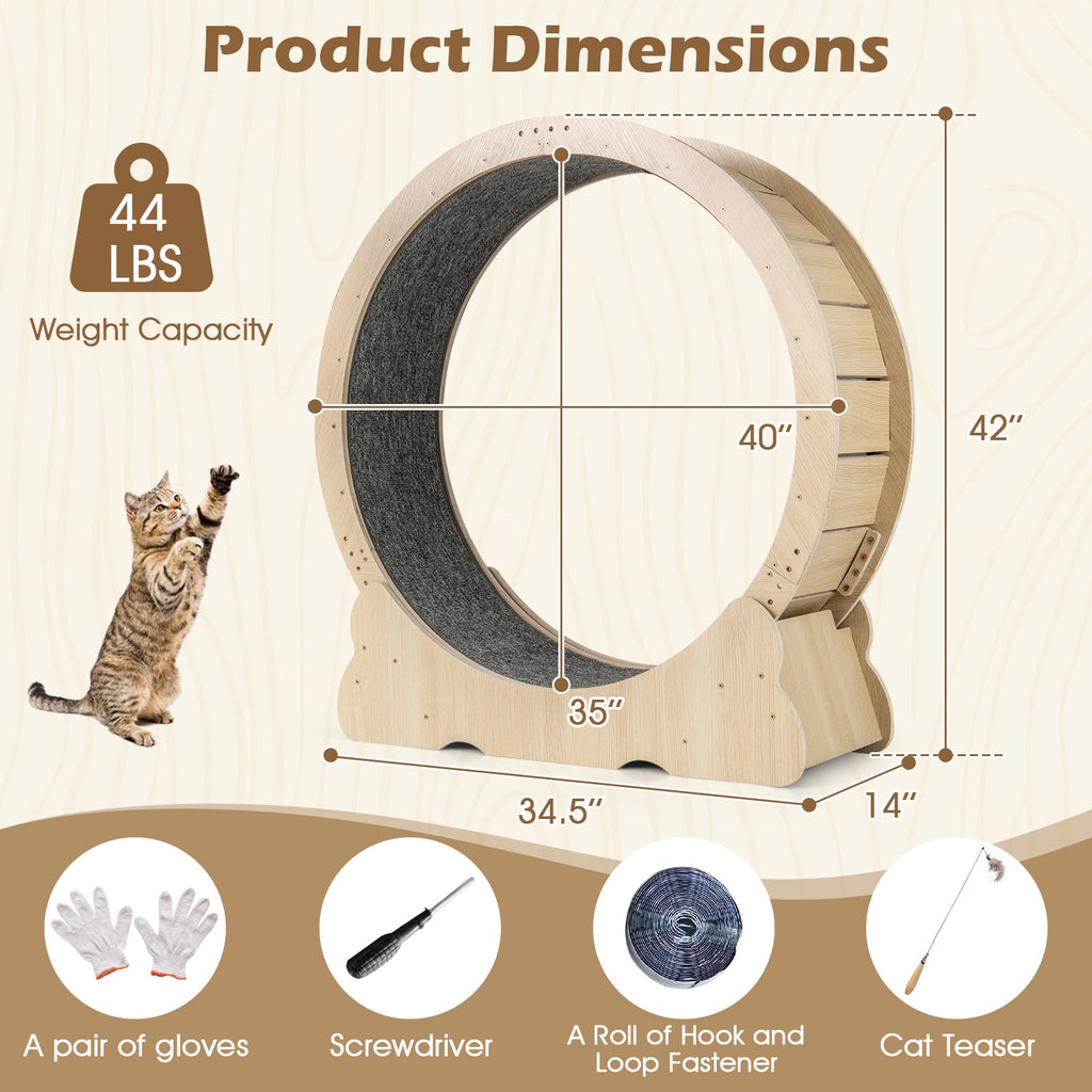 40 Inch Large Cat Exercise Wheel with Lockable Mechanism and Carpeted Runaway for Indoor Cats-Natural