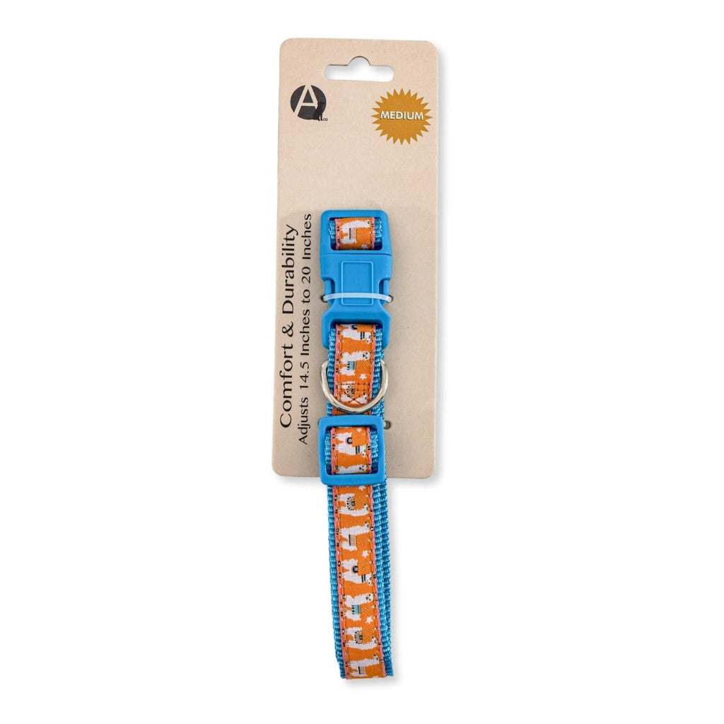 Nylon Dog Collar with Embroidered Llama Design, Adjustable, Comfortable & Secure Fit Medium