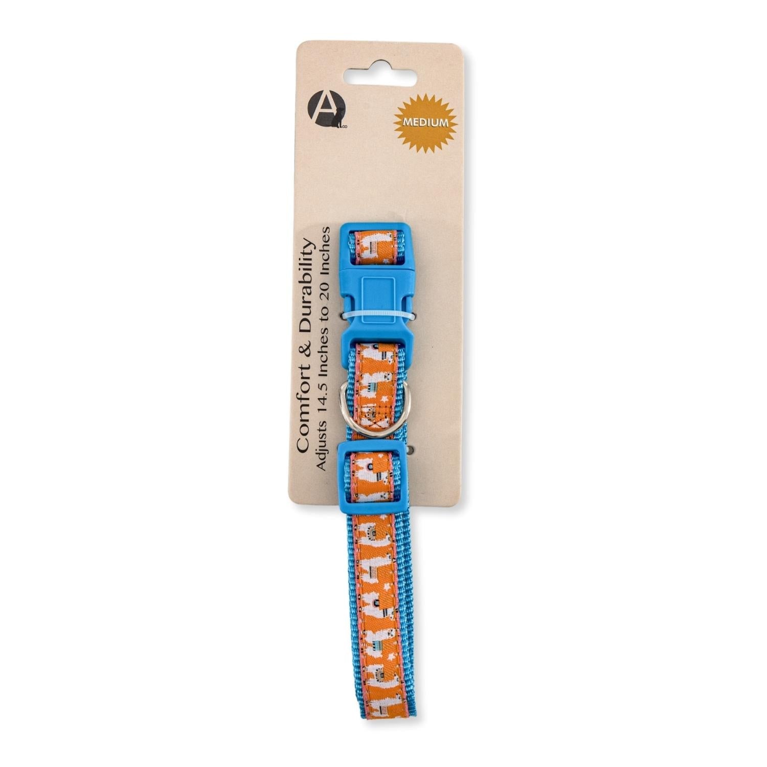 Nylon Dog Collar with Embroidered Llama Design, Adjustable, Comfortable & Secure Fit Medium