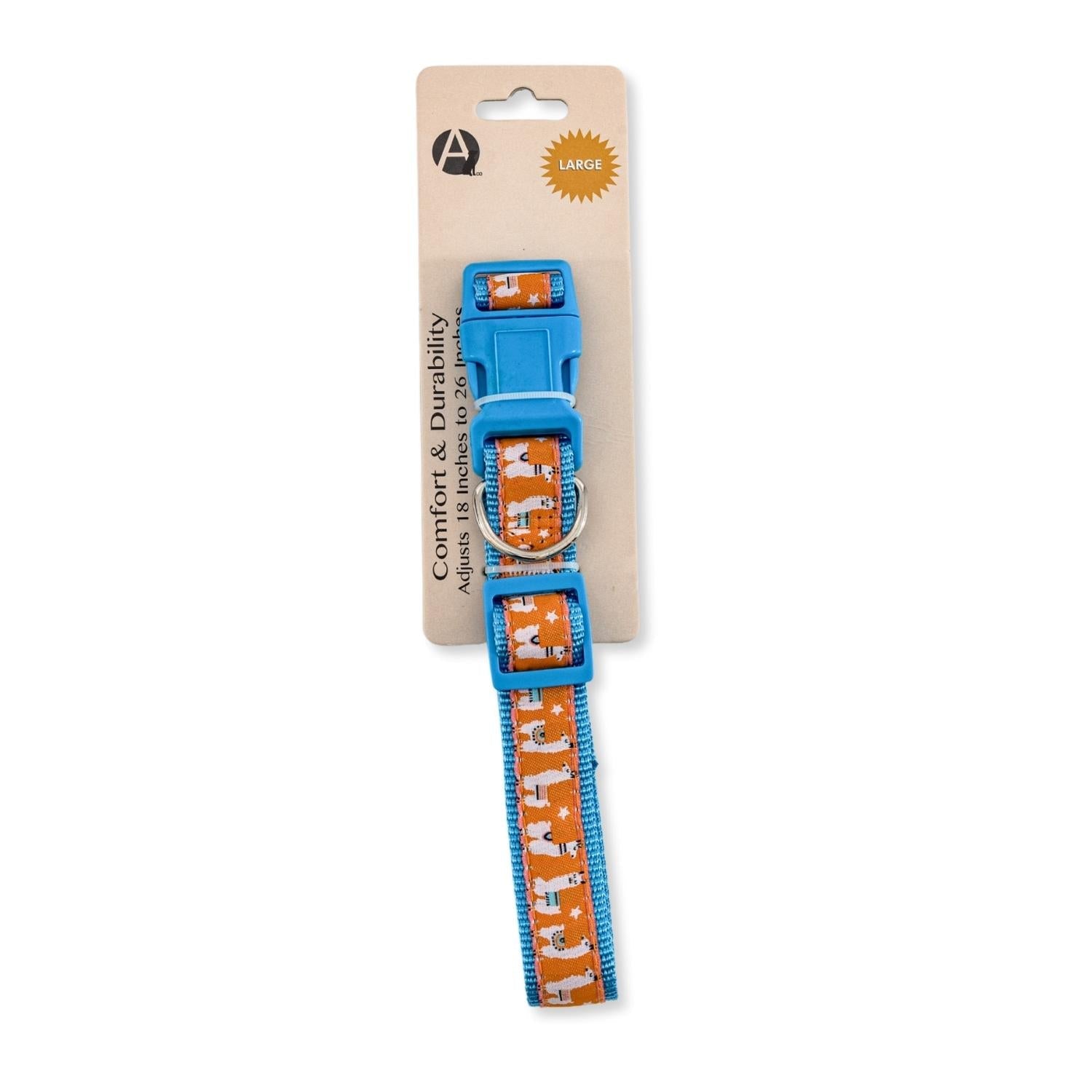 Nylon Dog Collar with Embroidered Llama Design, Adjustable, Comfortable & Secure Fit Large