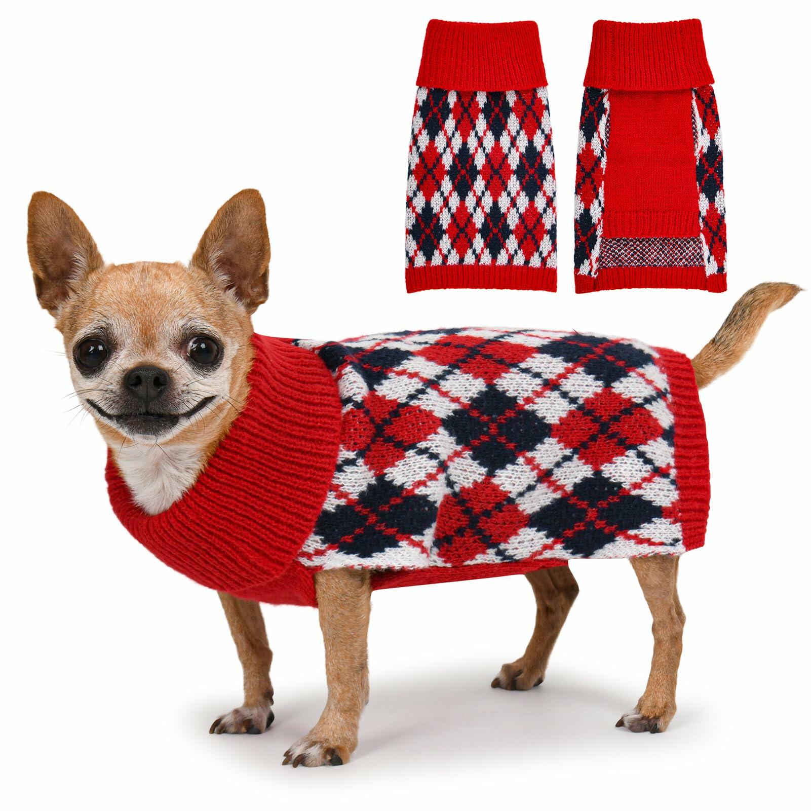 KCFESTIHUE Dog Sweater Plaid Knit Turtleneck Pullover Winter Red Blue S