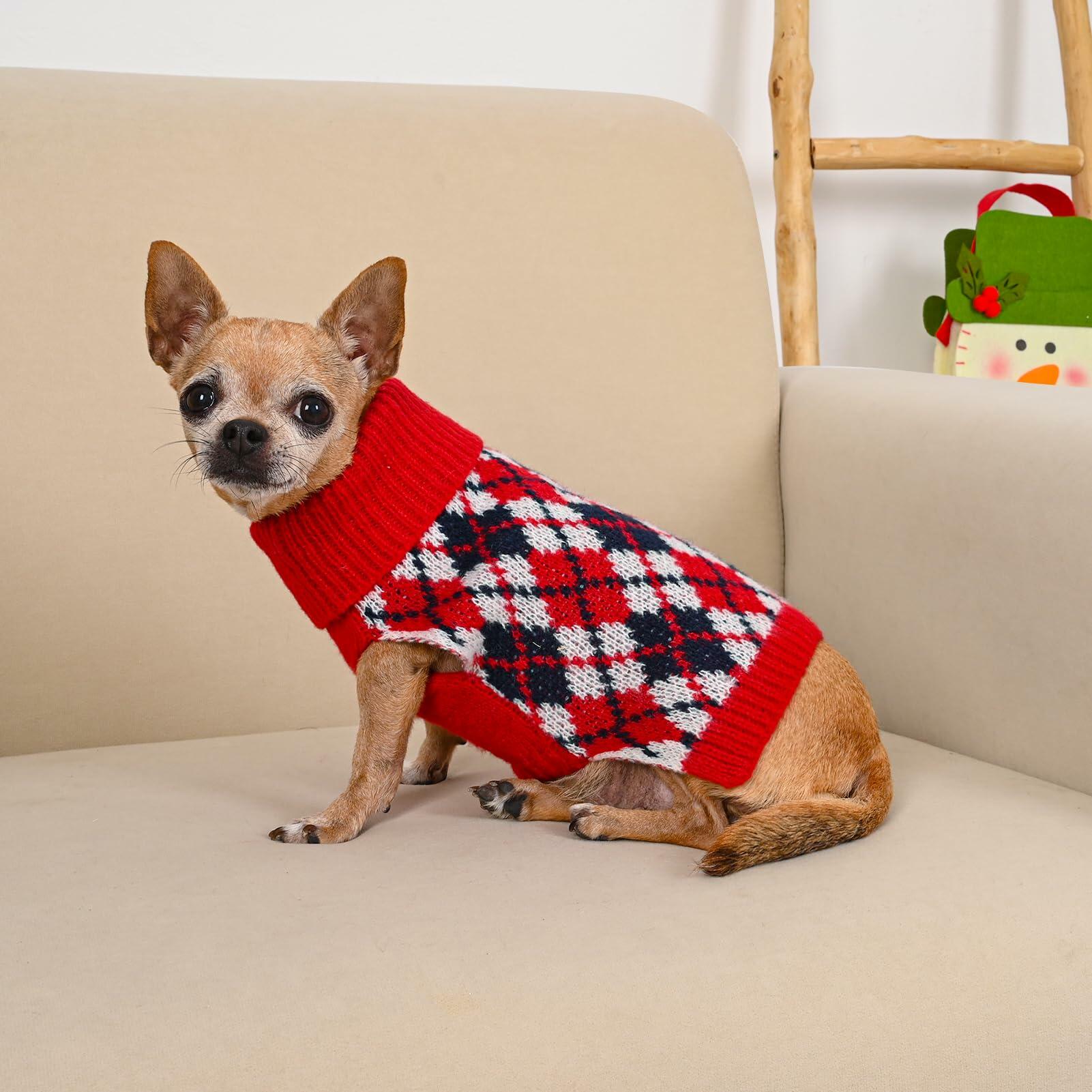 KCFESTIHUE Dog Sweater Plaid Knit Turtleneck Pullover Winter Red Blue S