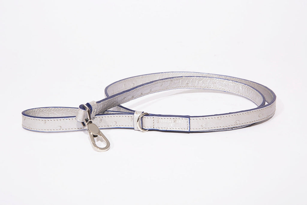 Dog Leash-Small, Metallic Ostrich Silver Ostrich