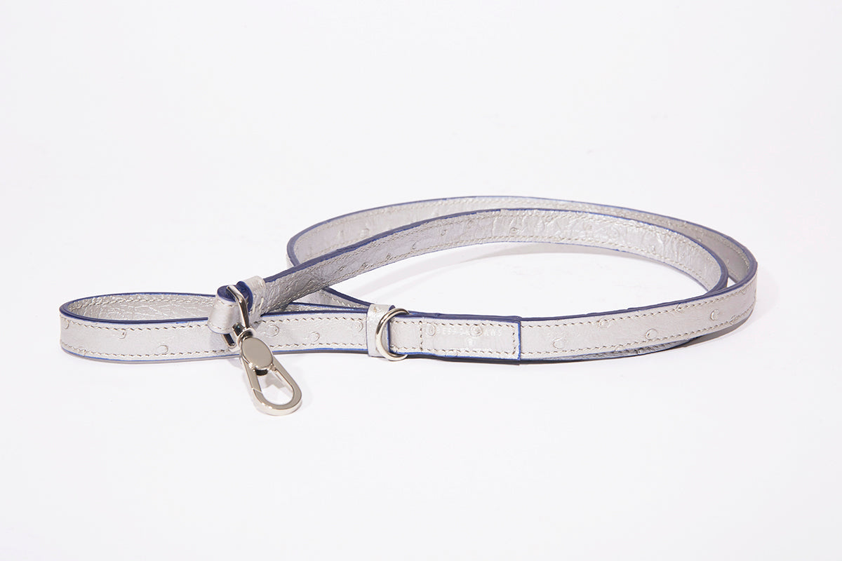 Dog Leash-Small, Metallic Ostrich Silver Ostrich