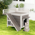 Outdoor Wooden Feral Cat House with Balcony and Slide-Gray Default Title