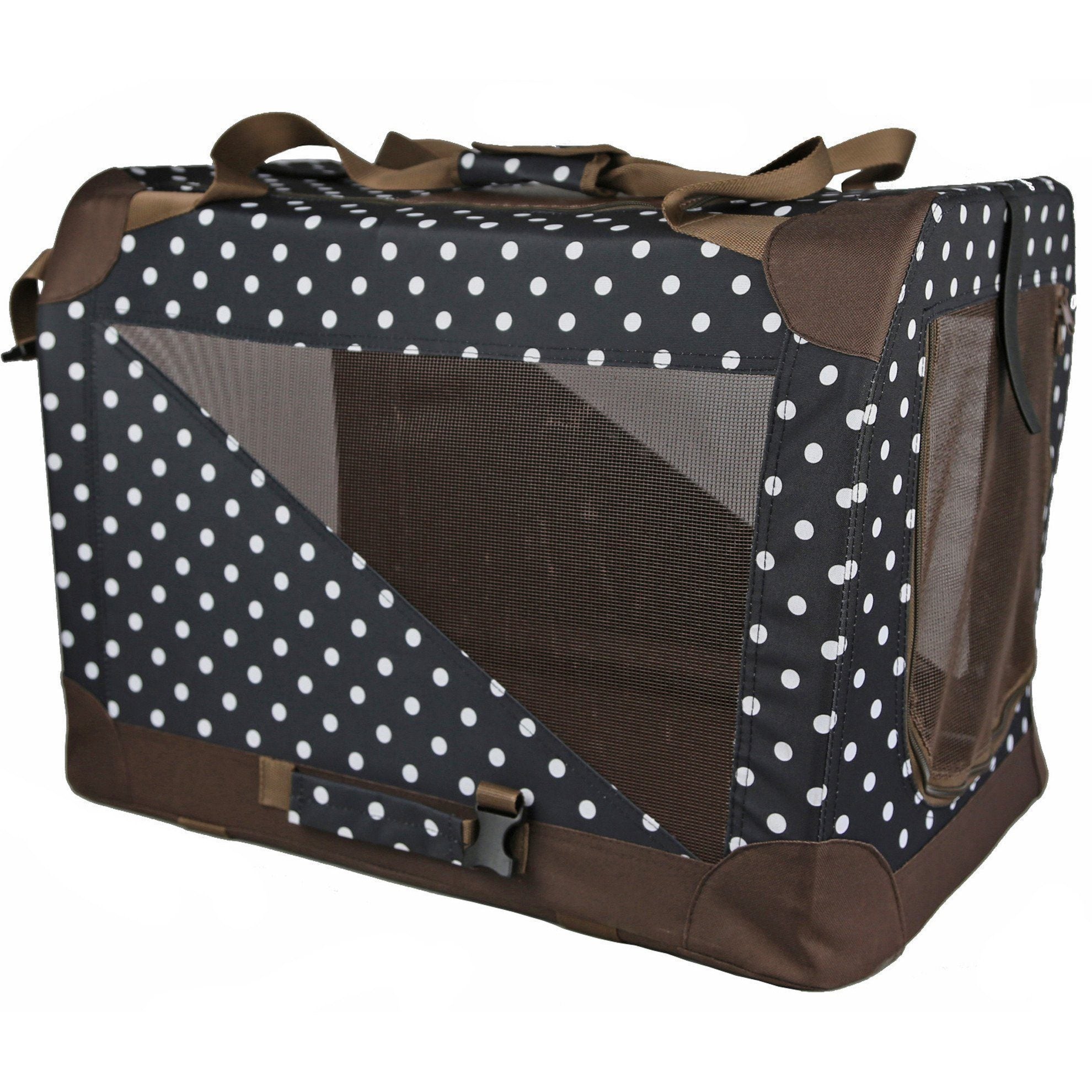 Pet Life ® '360° Vista View' Zippered Soft Folding Collapsible Durable Metal Framed Pet Dog Crate House Carrier Dark Navy Brown Polka