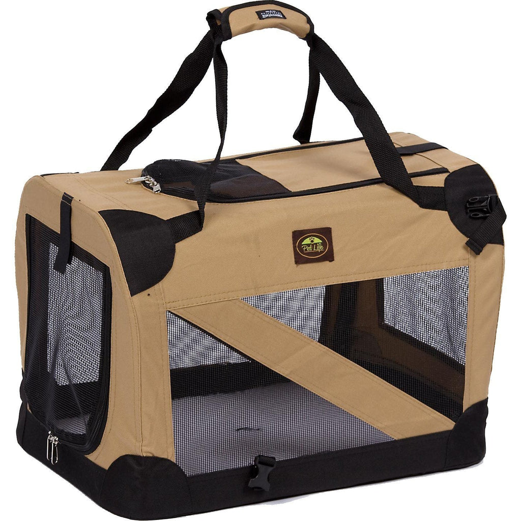 Pet Life ® '360° Vista View' Zippered Soft Folding Collapsible Durable Metal Framed Pet Dog Crate House Carrier Khaki