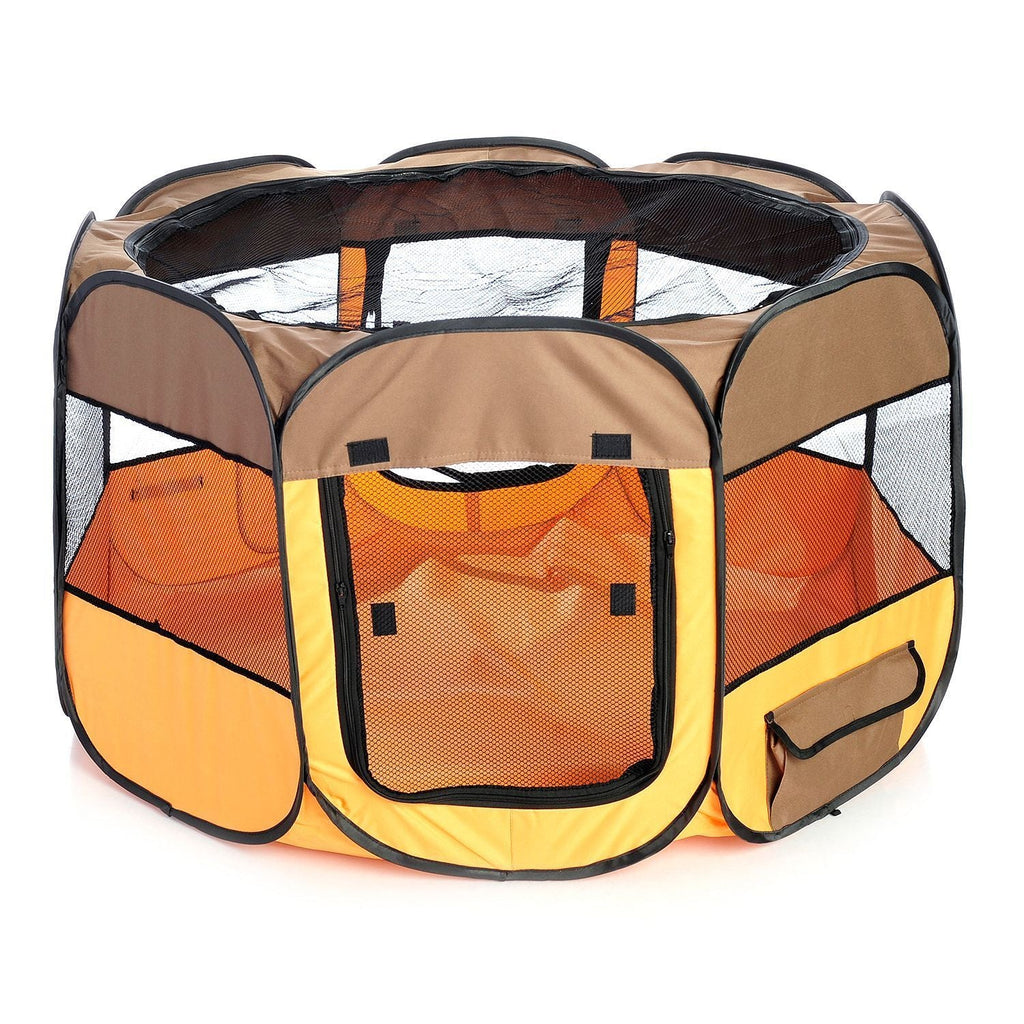 Pet Life ® 'All-Terrain' Lightweight Easy Folding Wire-Framed Collapsible Travel Pet Dog Playpen crate Brown And Orange