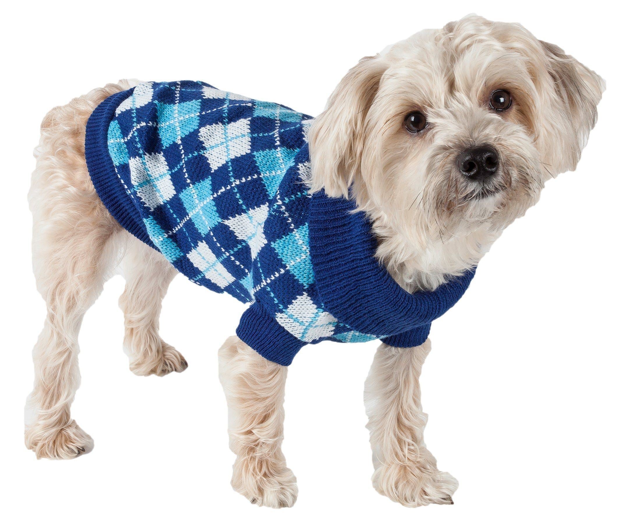 Pet Life ® 'Argyle Style' Ribbed Knitted Fashion Designer Dog Sweater Blue Argyle