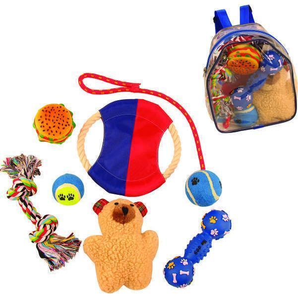 Pet Life ® 'Backpack' 8 Piece Jute Rope and Rubberized Squeak Chew Pet Dog Toy Gift Set Default Title