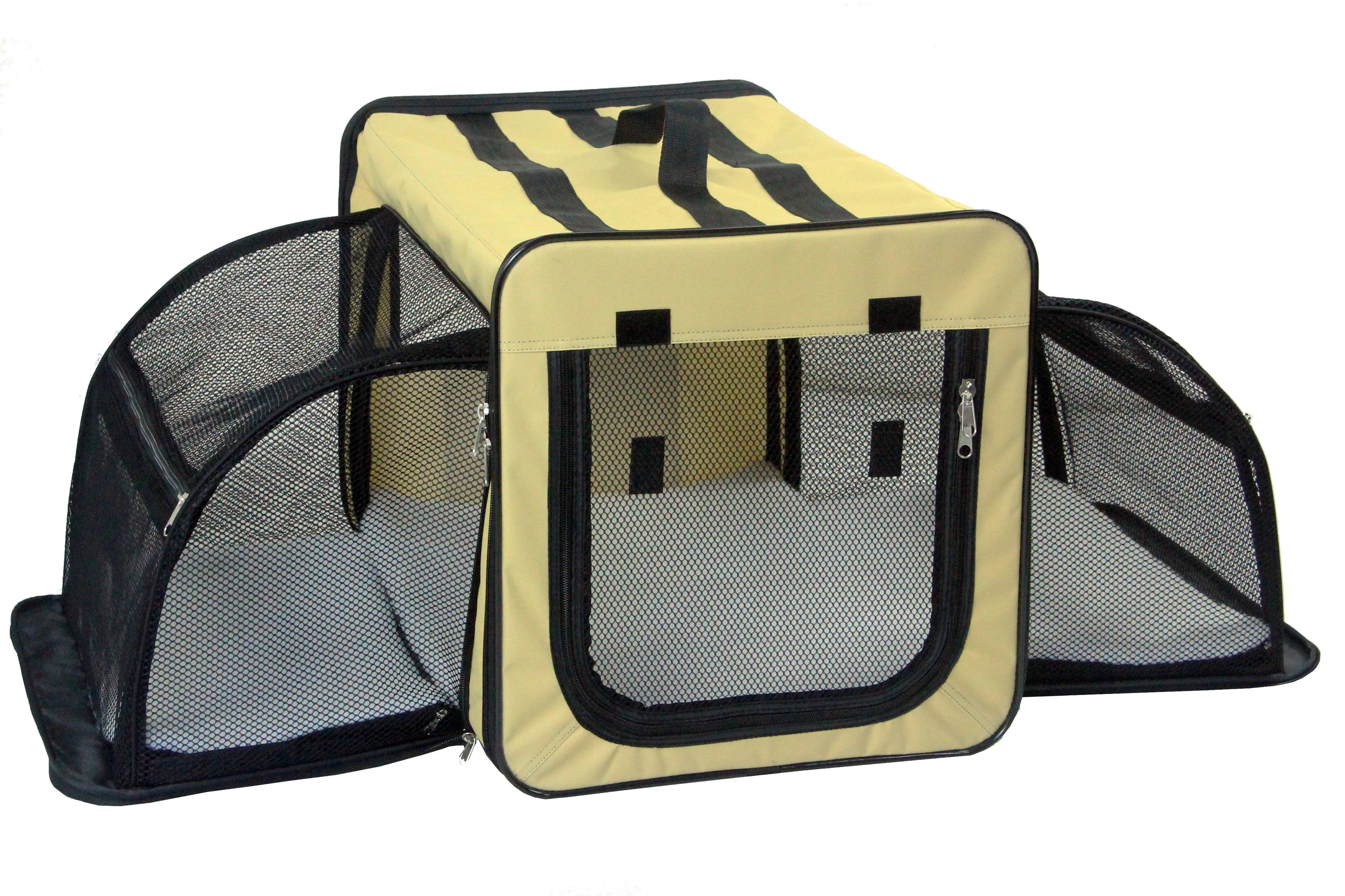 Pet Life ® 'Capacious' Dual-Sided Expandable Spacious Wire Folding Collapsible Lightweight Pet Dog Crate Carrier House Khaki