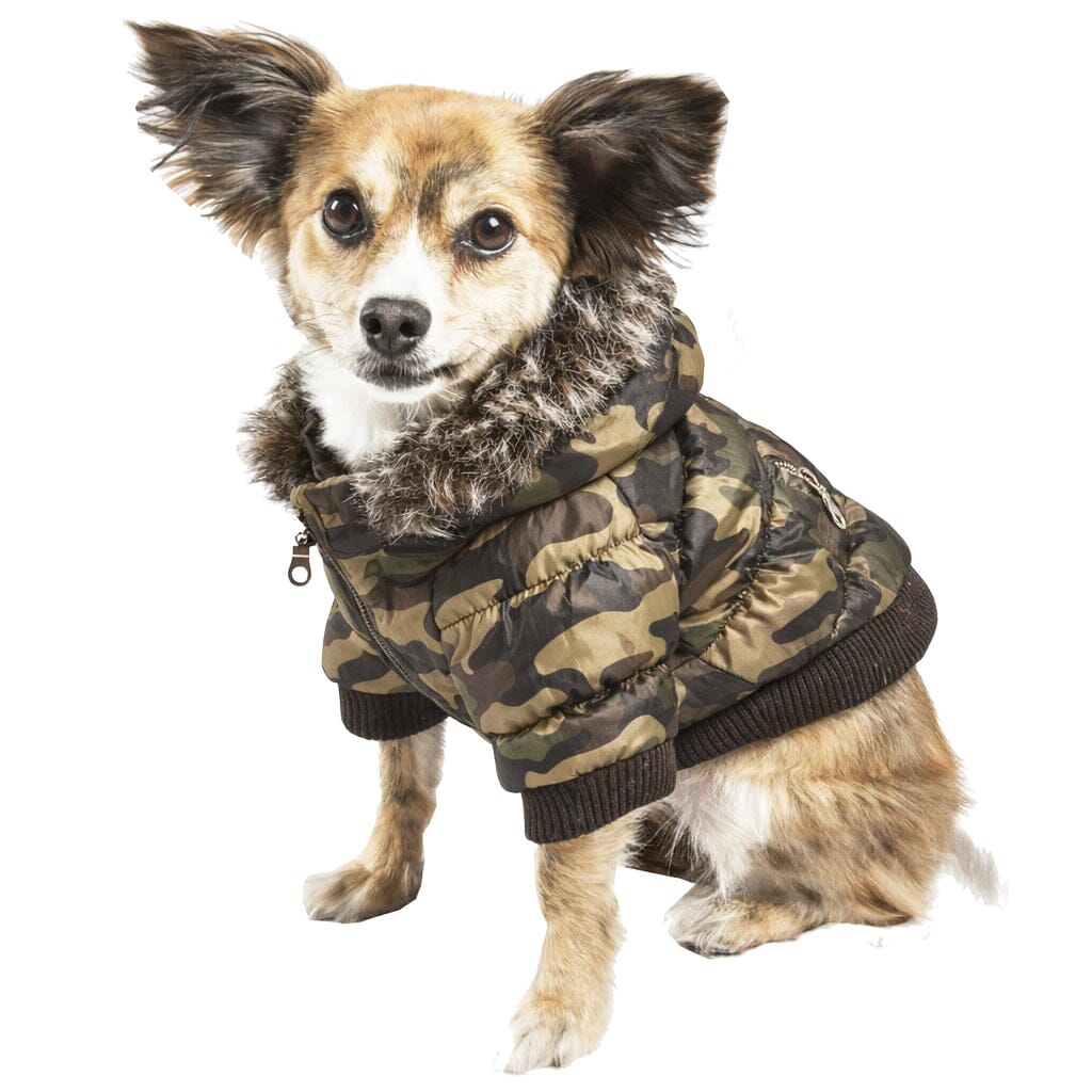 Pet Life ® Classic Metallic Fashion 3M Insulated Dog Coat Parka w/ Removable Hood Camouflage