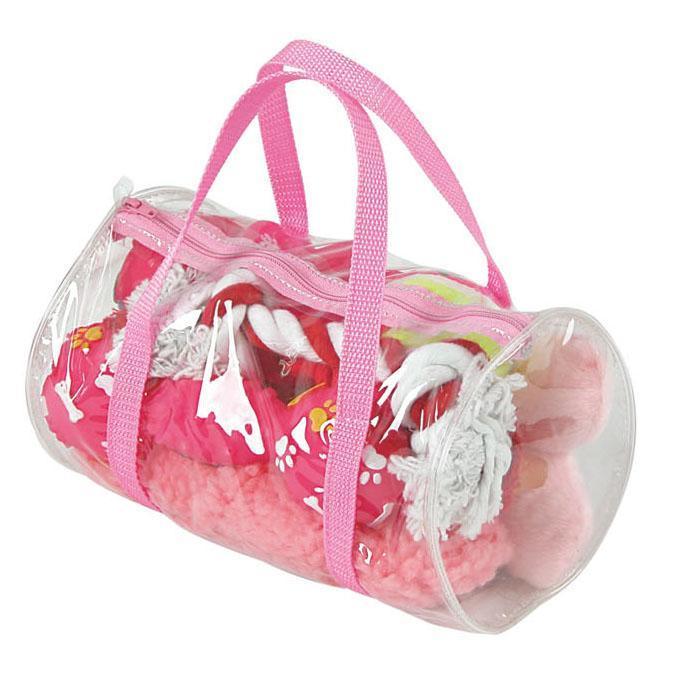 Pet Life ® 'Duffle Bag' 8 Piece Jute Rope and Rubberized Squeak Chew Pet Dog Toy Gift Set Pink