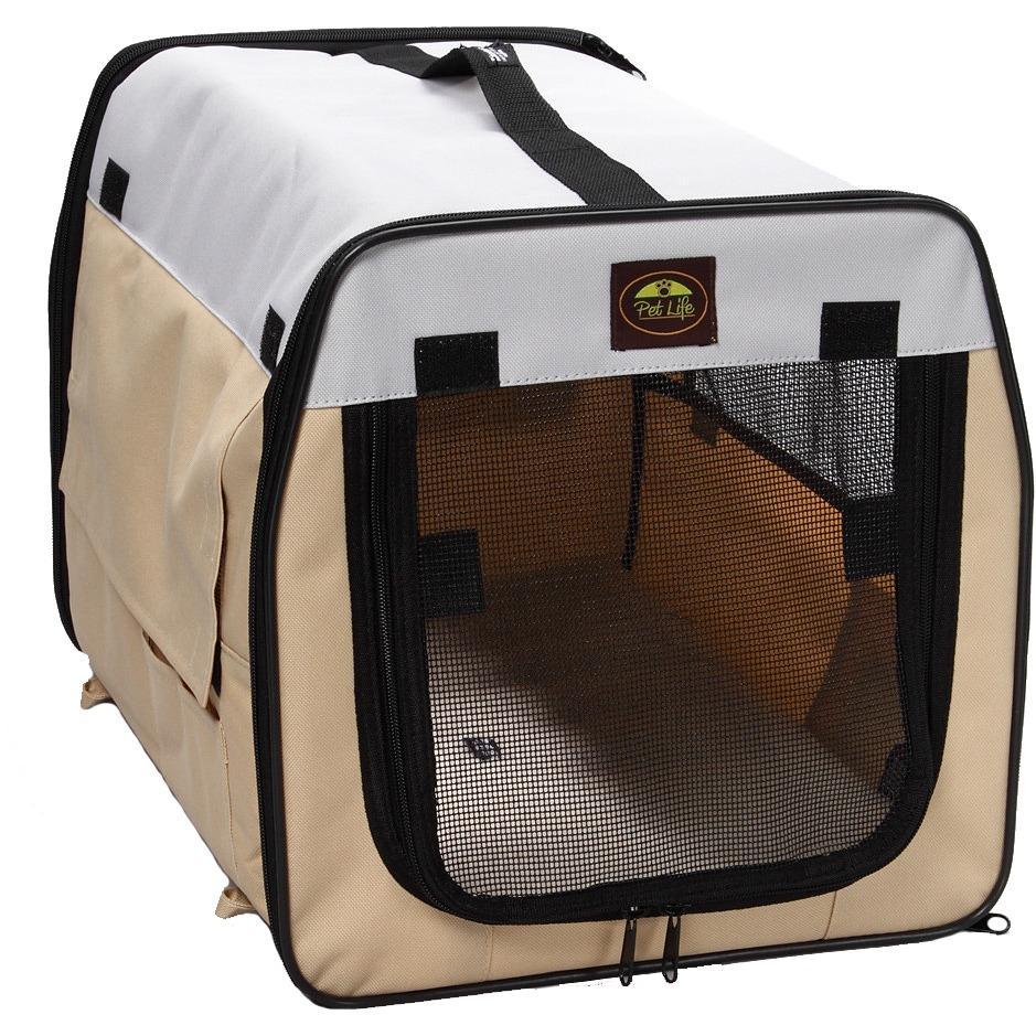 Pet Life ® 'Easy Folding' Zippered Folding Collapsible Wire Framed Lightweight Pet Dog Crate Carrier Khaki